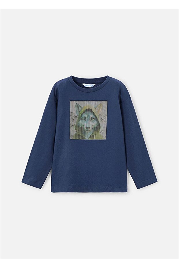 Boy's Printed Long Sleeve T-Shirt Navy Blue 4081
