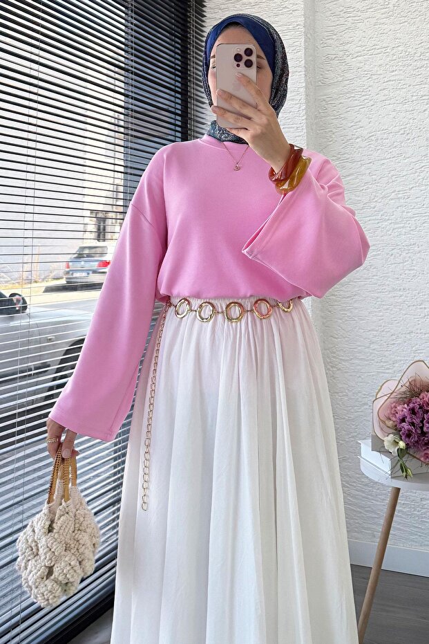 Volan Kol Basic Bluz - Pembe - 5