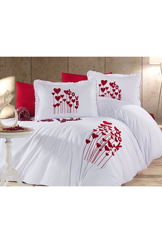 Embroidered Double Duvet Cover Set 6 Pieces Special for Valentine's Day with Hearts