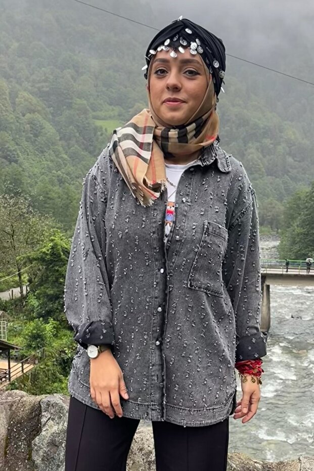 Önü Taşlı Gri Kot Gömlek - 4