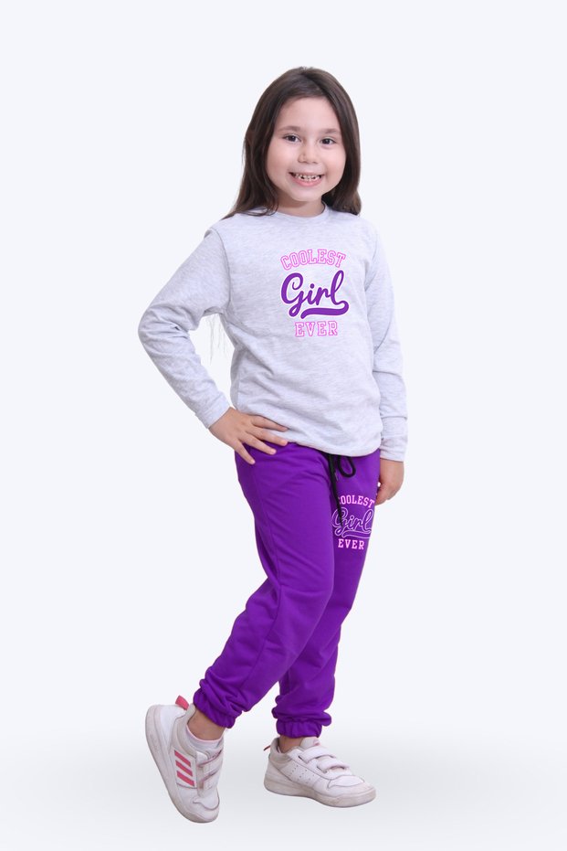 Girl's Coolest Girl Printed Pajama Set with Elastic Waist at the Bottom