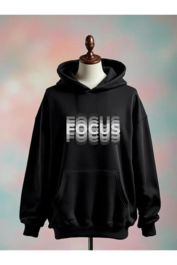 Focus Text Printed Cotton 3 Thread Oversize Black Sweatshirt