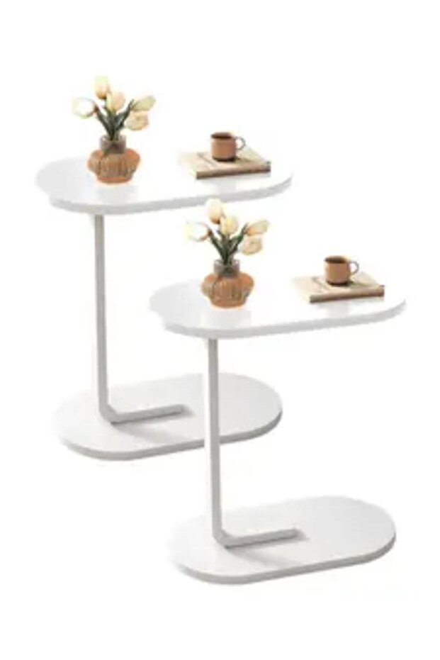 Modern 2-Piece Coffee Table | C-Shaped Side Table with White Wood Top and White Metal Frame - 1