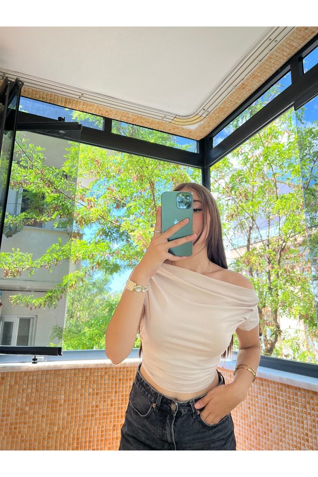 Women's Off Shoulder Pleated Detail Viscose Beige Blouse