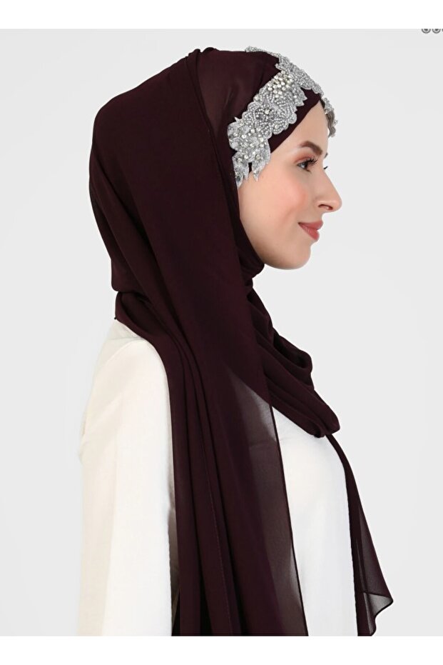 Flora El İşlemesi Şifon Şal - Koyu Mürdüm - 4