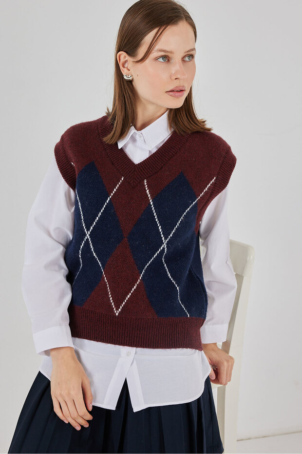 Damen-Pullover mit Rautenmuster 15940 – Weinrot - 3