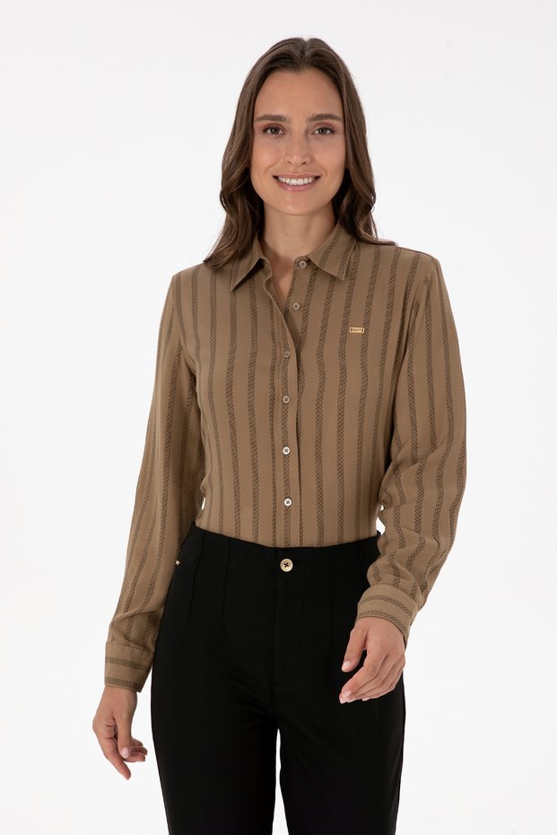 Women's Khaki Striped Long Sleeve Shirt 50309036-Vr027