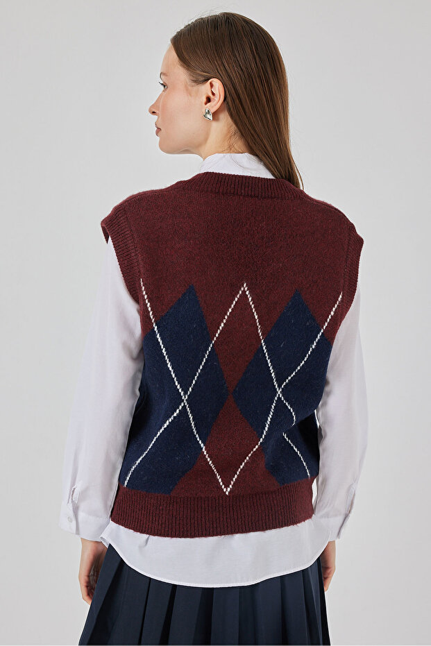 Damen-Pullover mit Rautenmuster 15940 – Weinrot - 6