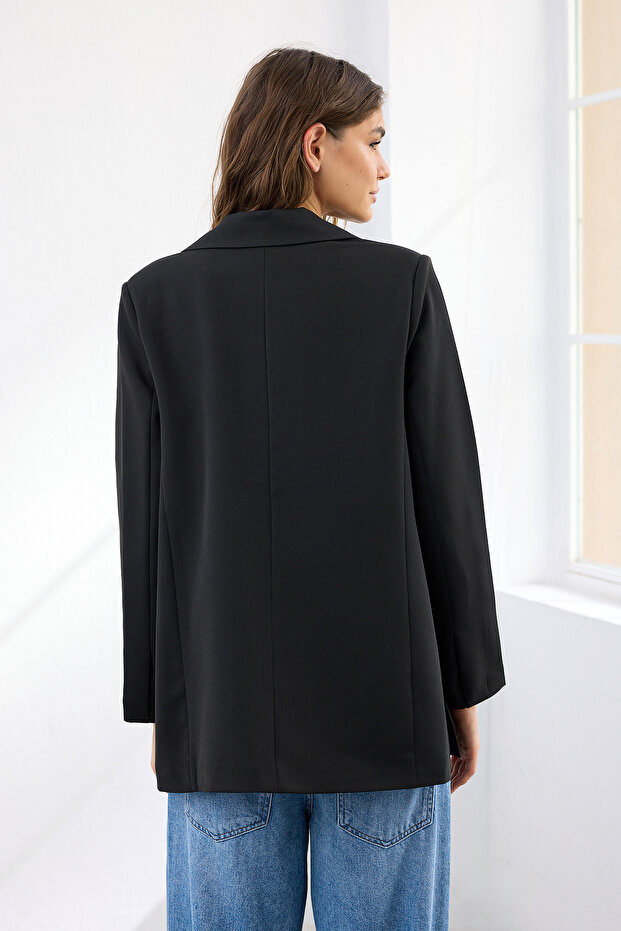Siyah Oversize Cep Detaylı Dokuma Blazer Ceket TWOAW24BC00070 - 5