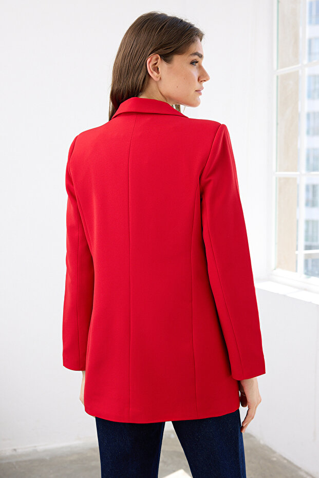 Kırmızı Regular Astarlı Kruvaze Kapama Dokuma Blazer Ceket TWOSS20CE0059 - 4
