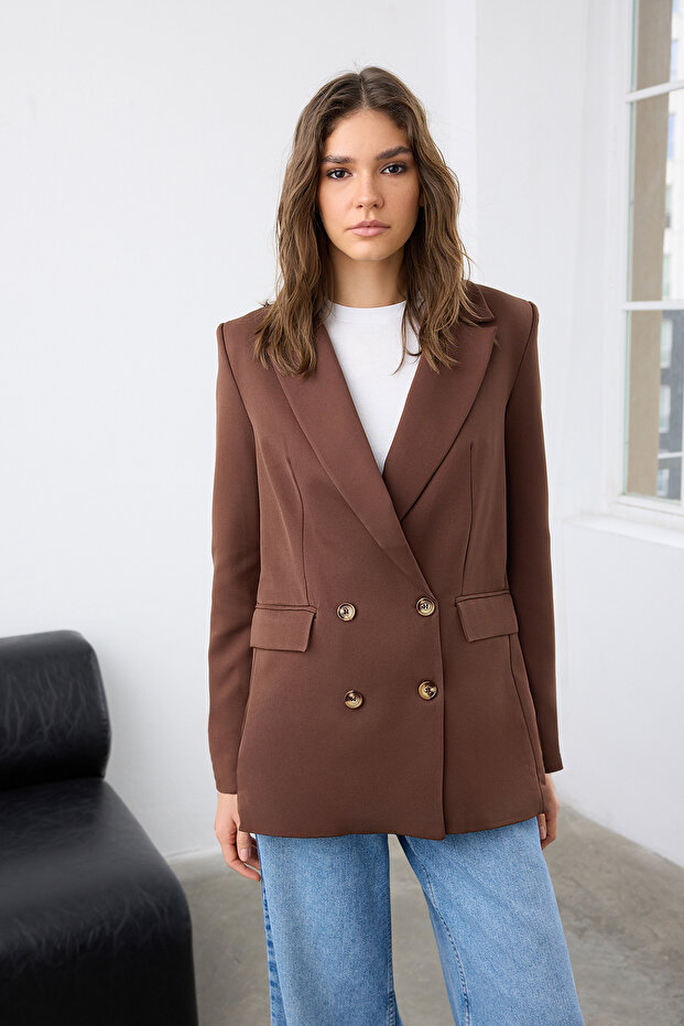 Kahverengi Oversize Astarlı Düğmeli Dokuma Blazer Ceket TWOAW22CE0167 - 2