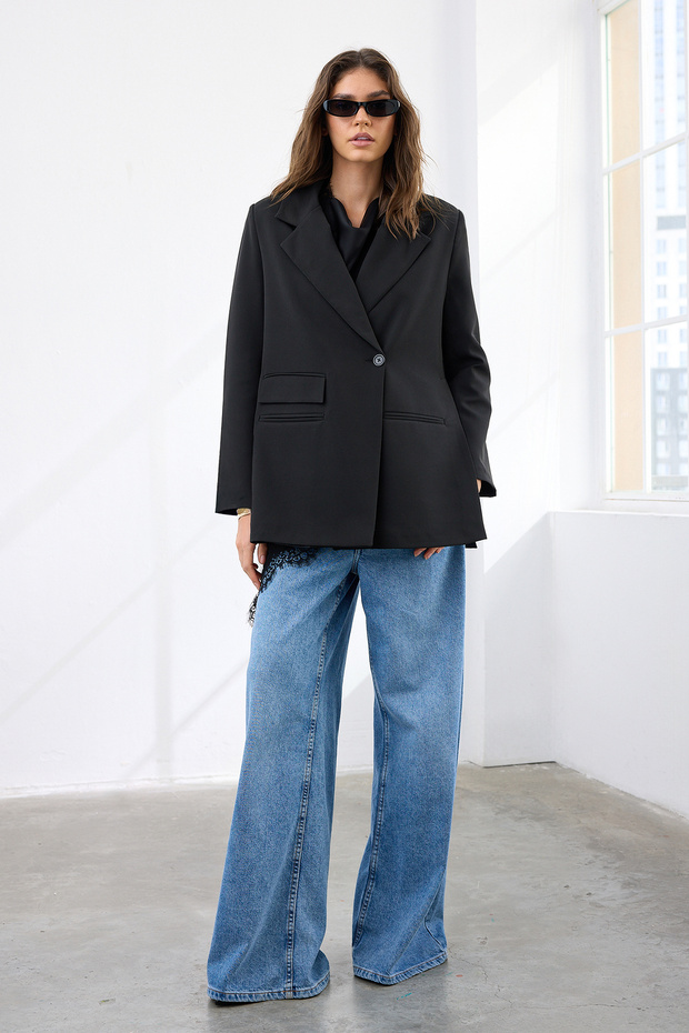 Siyah Oversize Cep Detaylı Dokuma Blazer Ceket TWOAW24BC00070 - 3