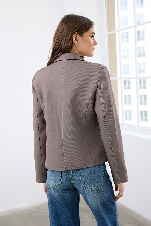 Kahverengi Ekoseli Fitted/Bele Oturan Dokuma Blazer Ceket TWOAW26BC00010 - 5