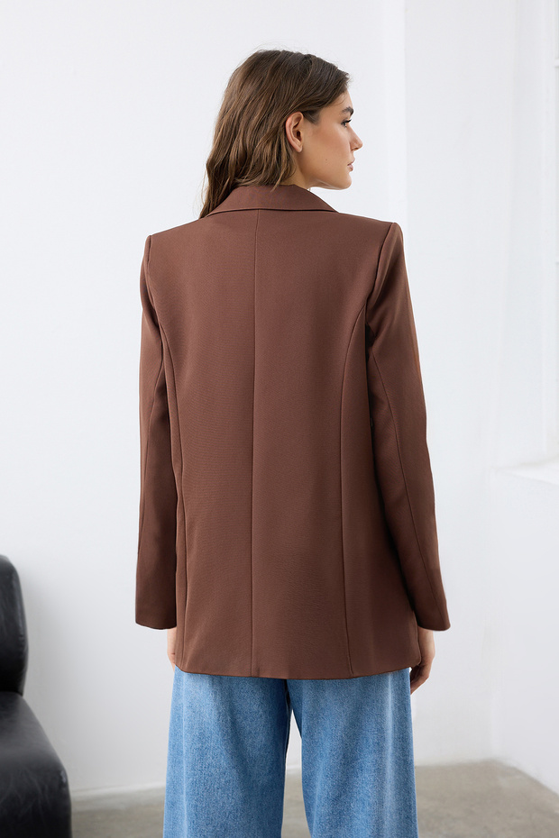 Kahverengi Oversize Astarlı Düğmeli Dokuma Blazer Ceket TWOAW22CE0167 - 4