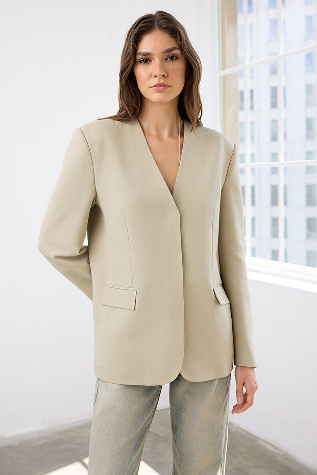 Vizon Çıtçıt Kapamalı Regular/Normal Kalıp Yakasız Dokuma Blazer Ceket TWOAW26BC00030 - 4