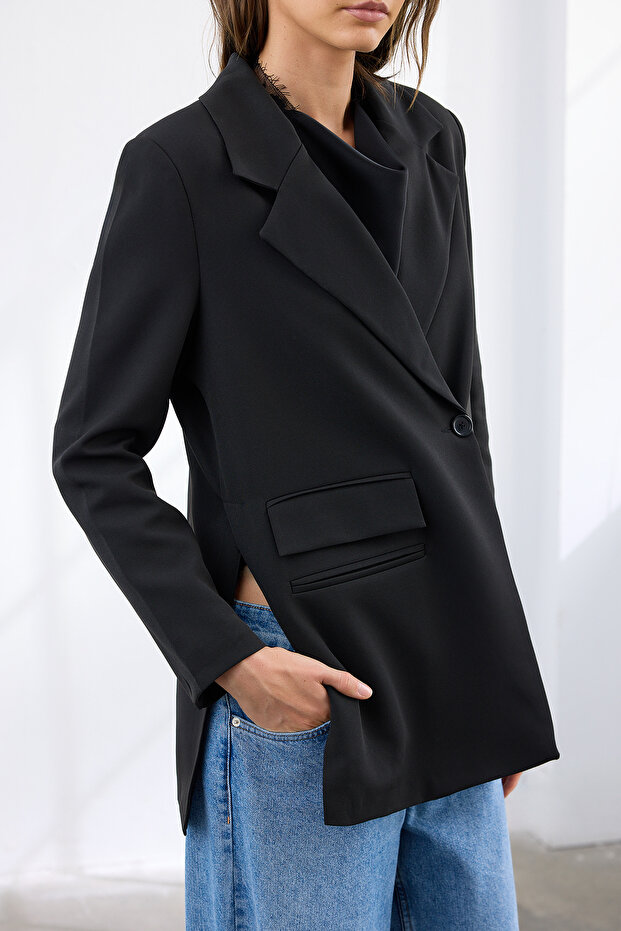 Siyah Oversize Cep Detaylı Dokuma Blazer Ceket TWOAW24BC00070 - 4