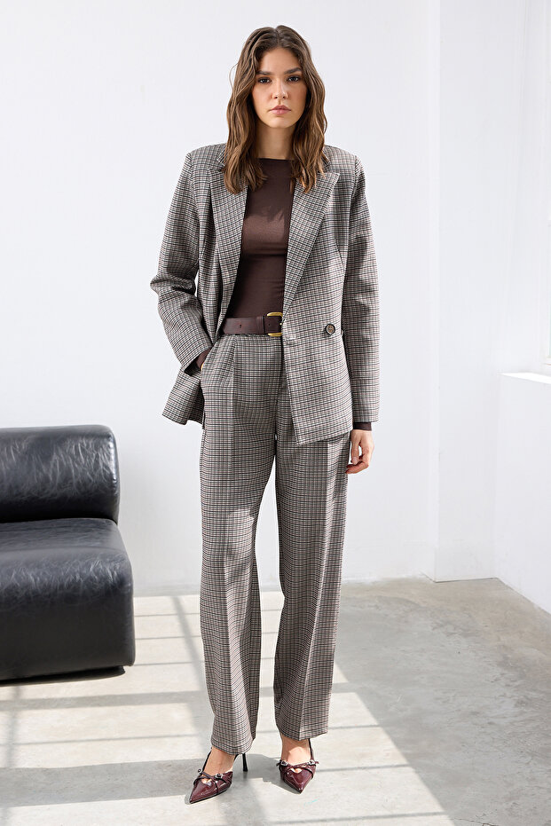 Kahverengi Kazayağı Desenli Regular/Normal Kalıp Dokuma Blazer Ceket TWOAW26BC00016 - 2