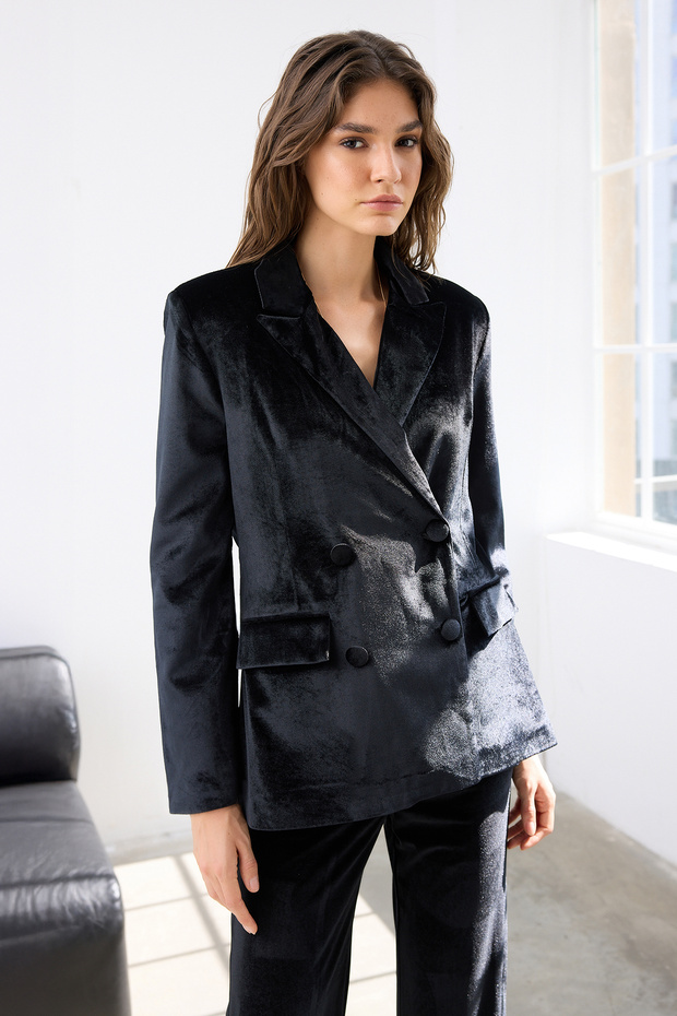 Siyah Kruvaze Regular/Normal Kalıp Dokuma Kadife Blazer Ceket TWOAW26BC00015 - 1