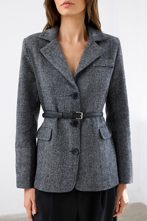Yün Karışımlı Dokulu Kemerli Blazer