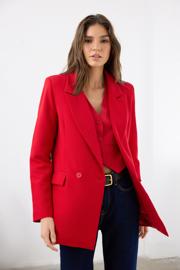 Kırmızı Regular Astarlı Kruvaze Kapama Dokuma Blazer Ceket TWOSS20CE0059 - 1