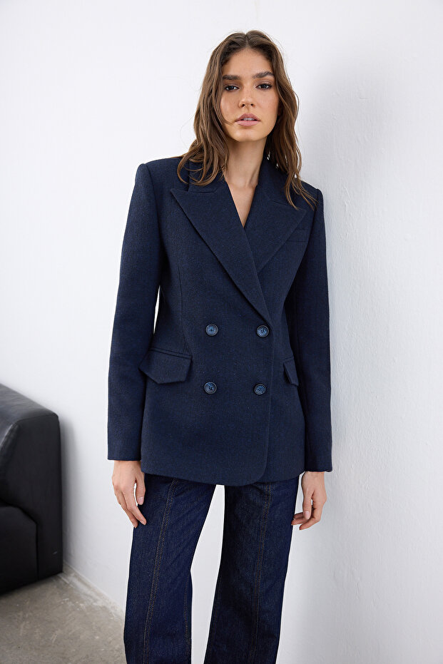 Lacivert Kaşe Balıksırtı Kruvaze Fitted/Vücuda Oturan Kalıp Dokuma Blazer Ceket TWOAW26BC00037 - 2