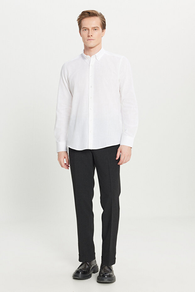Erkek Beyaz Keten Görünümlü %100 Pamuk Nefes Alabilen Kumaş Flamlı Slim Fit Düğmeli Yaka Gömlek - 5