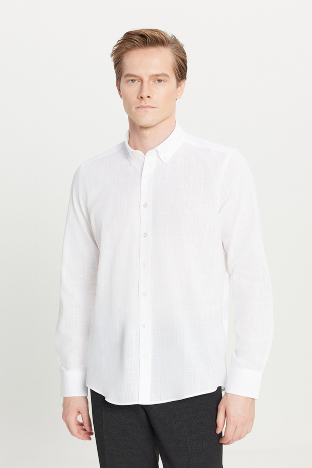 Erkek Beyaz Keten Görünümlü %100 Pamuk Nefes Alabilen Kumaş Flamlı Slim Fit Düğmeli Yaka Gömlek - 2