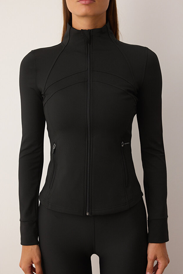Siyah Dalgıç/Scuba Kumaş Reflektör Baskılı Örme Spor Ceket THMAW26SK00003 - 5
