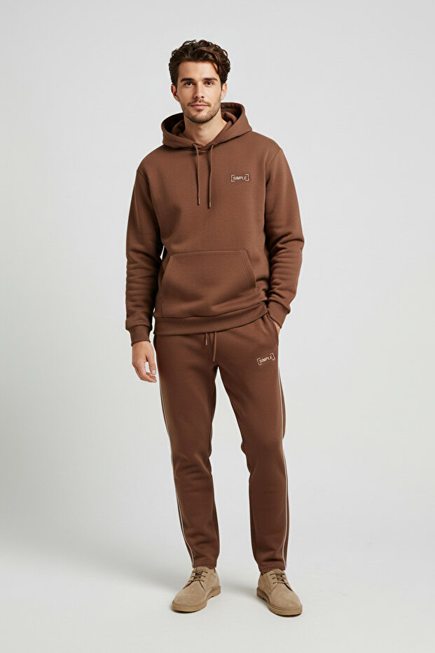 Açık Kahve Oversize/Geniş Kesim Kapüşonlu Nakışlı İçi Polar Sweatshirt Eşofman Takım TMNAW24EM00000 - 6