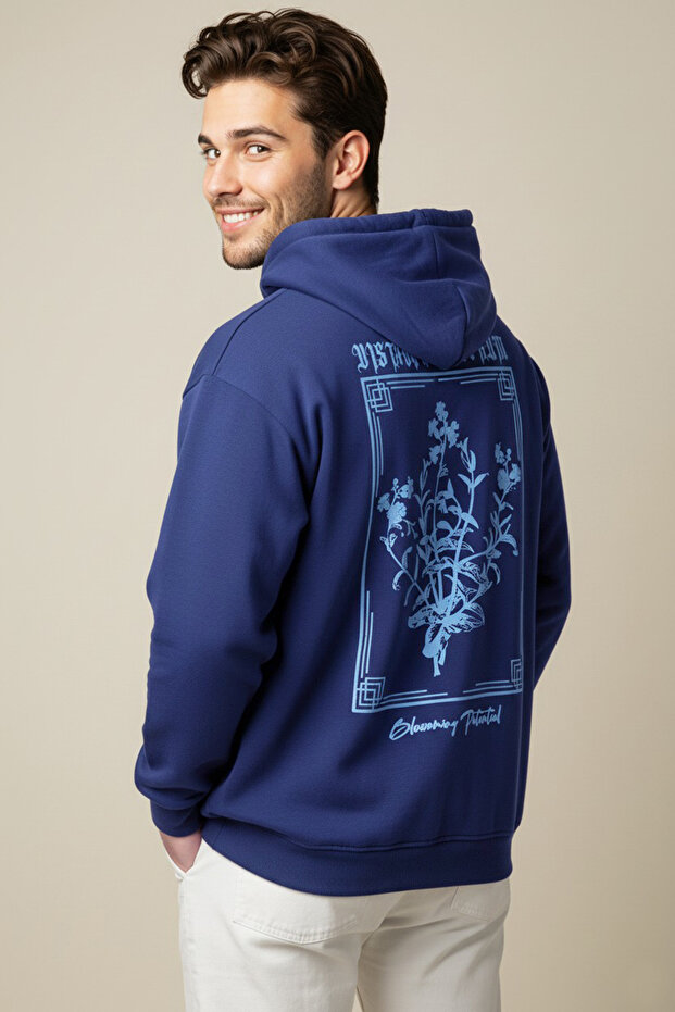 Lacivert Oversize/Geniş Kesim Kapüşonlu Baskılı İçi Polar/Sıcak Tutan Sweatshirt TMNAW24SW00100 - 6