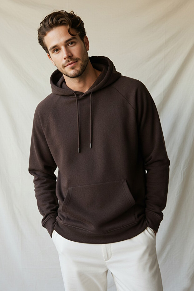 Koyu Kahverengi Oversize/Geniş Kesim Kapüşonlu İçi Polar/Sıcak Tutan Sweatshirt TMNAW23SW00195 - 5