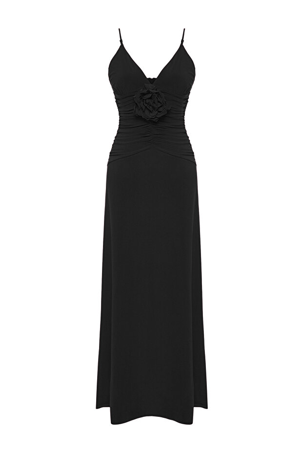 Siyah Gül Detaylı Örme Maxi Şık Abiye Gece Mezuniyet Elbisesi TPRSS25AE00180 - 5