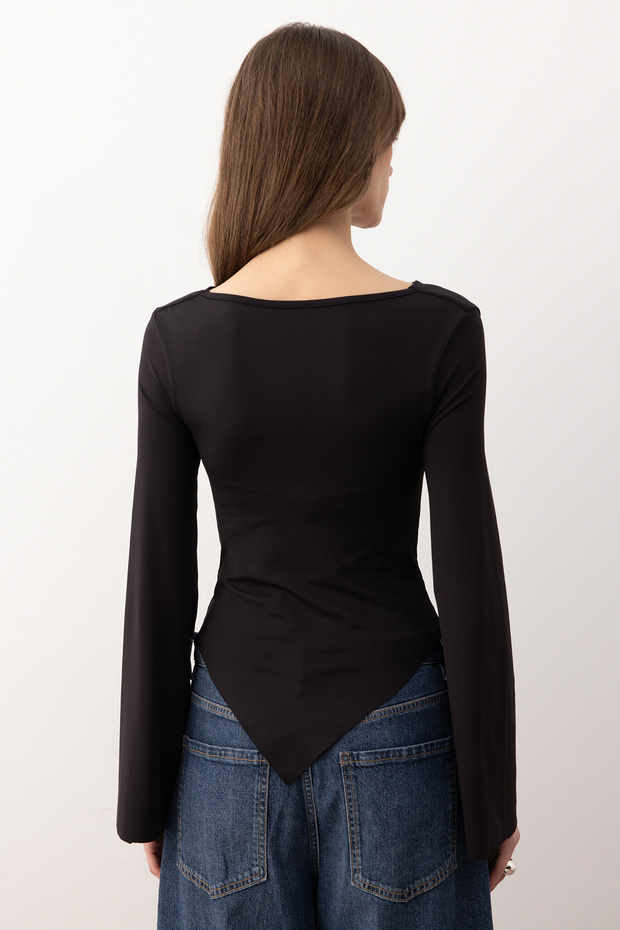 Siyah Degaje Yaka Asimetrik Fitted/Vücuda Oturan Örme Bluz TWOAW26BZ00283 - 5