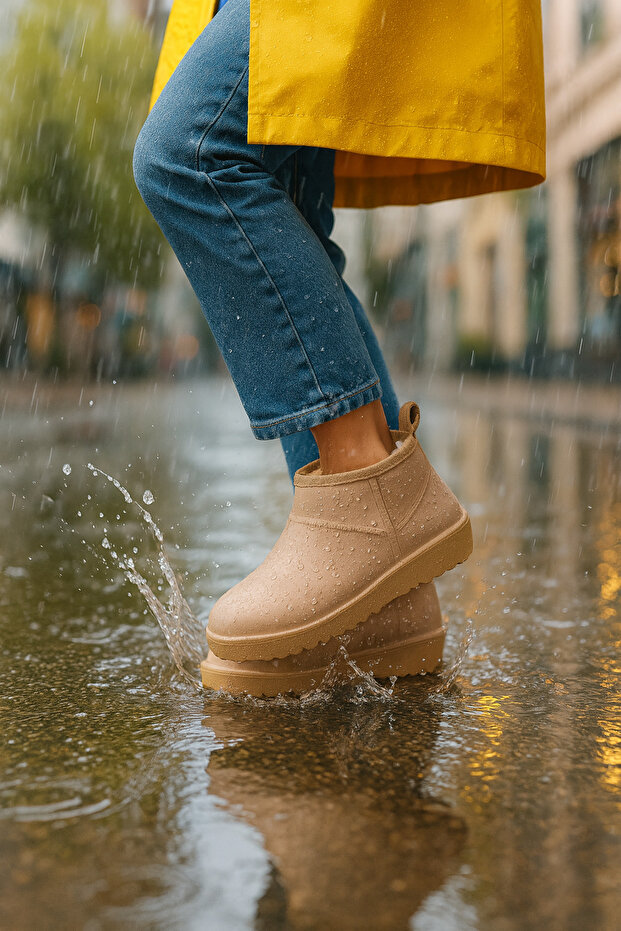 Kadın Koyu Bej İçi Kürklü Su Geçirmez Faylon Yağmur Botu 3Cm BYNDUMFAY02 - 1