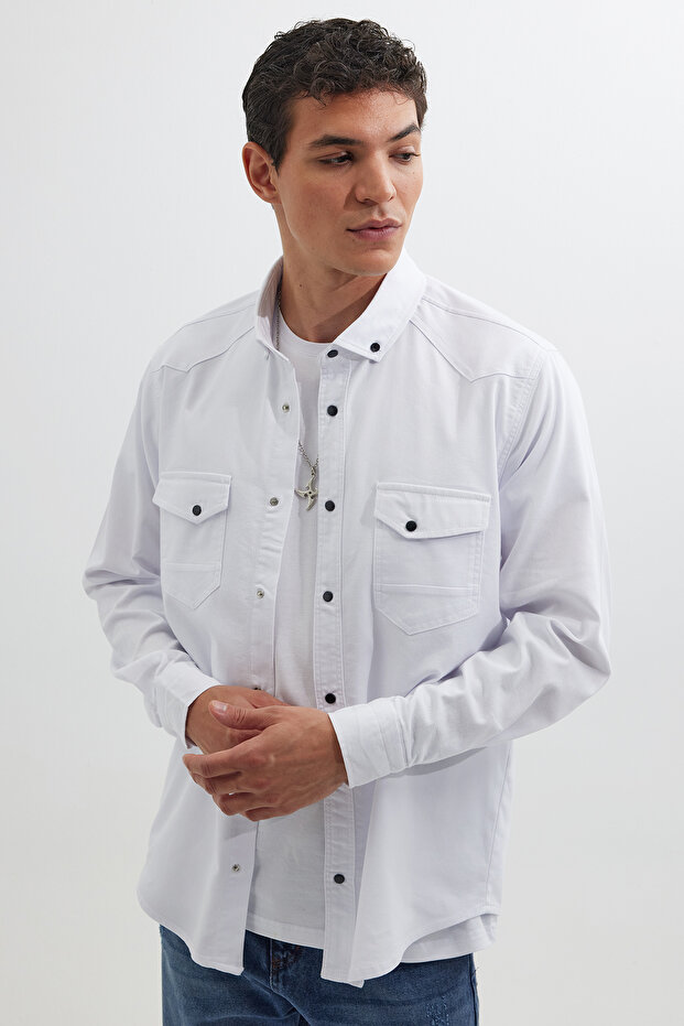 Men's Regular Fit Relaxed Fit Double Pocket Sports Collar Denim Off White Shirt