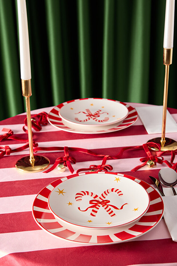 2'li Yılbaşı Şeker Kamışı Pasta Tabağı 20cm & 2'li Çizgili Servis Tabağı 26cm TPHAW26TBK00010