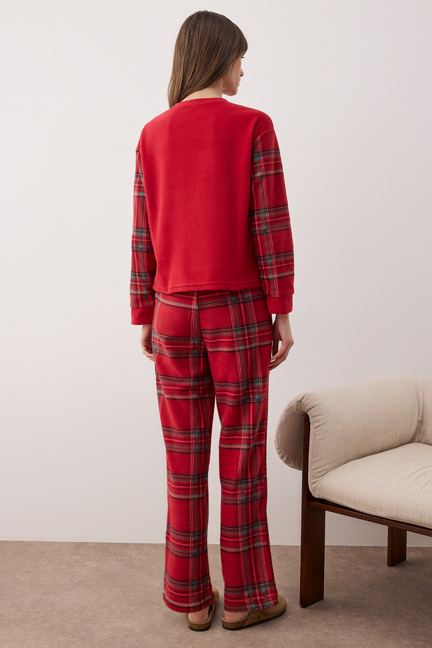 Kırmızı Ekoseli Polar Örme Pijama Takımı THMAW26PT00173 - 4