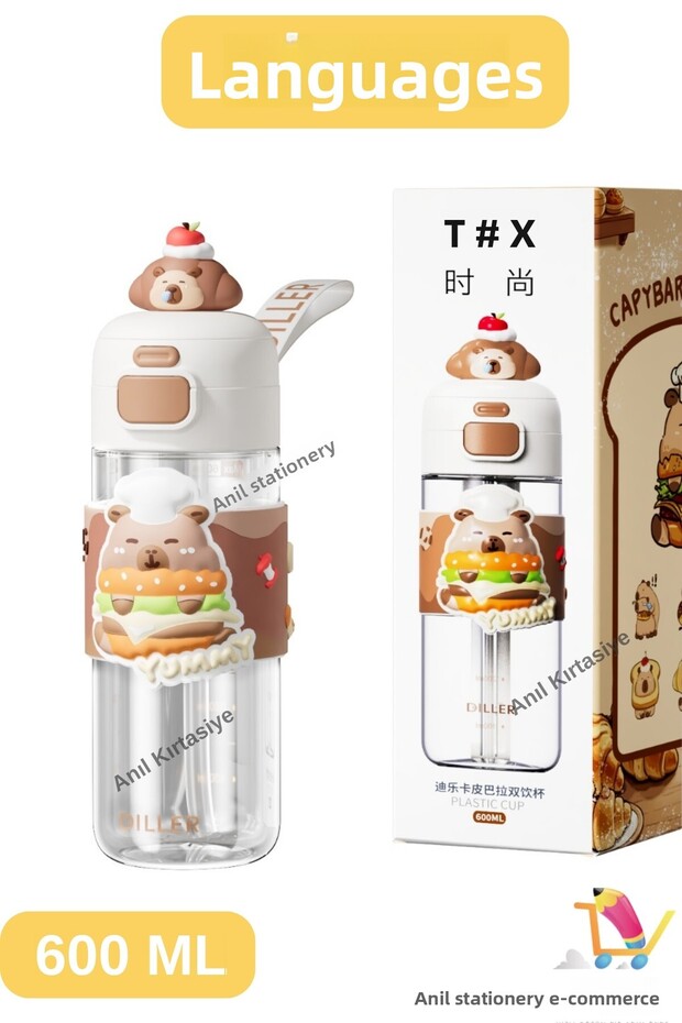 Diller Single Cap with Double Drinking Straw/Capybara with Comfortable Wrist Strap 600 ml - 2