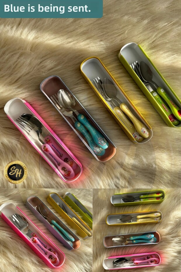 Child figured metal tip spoon and fork - feeding spoon school lunch bag set