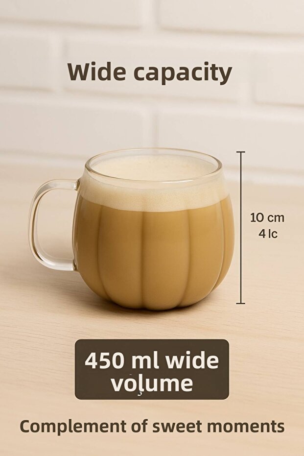 6 Pcs Pumpkin Model Borosilicate Coffee Presentation Cup with Handle Soft Drink Cup (450 ml) Civelek - 8