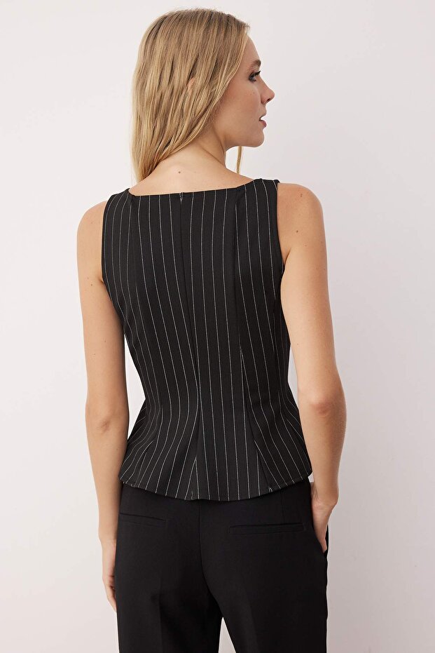 Siyah Peplum/Belden Oturmalı Kayık Yaka Esnek Örme Bluz TWOAW26BZ00229 - 4