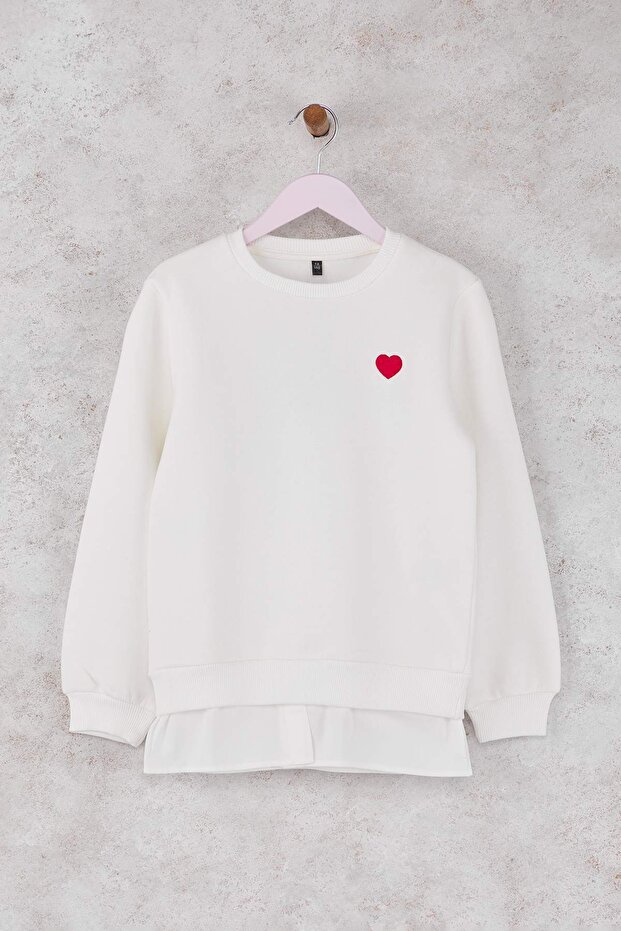 Ekru Pamuklu Kalp Basklı Kalın/İçi Polarlı Regular Örme Kız Çocuk Sweatshirt TKDAW26SW00023 - 2