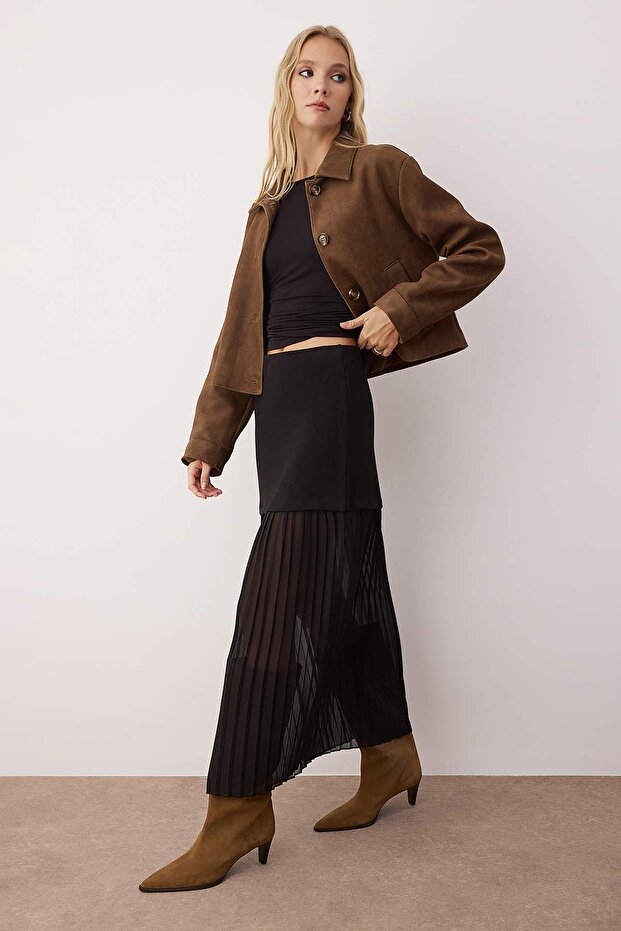 Siyah Tül Pilise Detaylı Kalem İnterlok Maxi Esnek Örme Etek TWOAW26ET00048 - 2