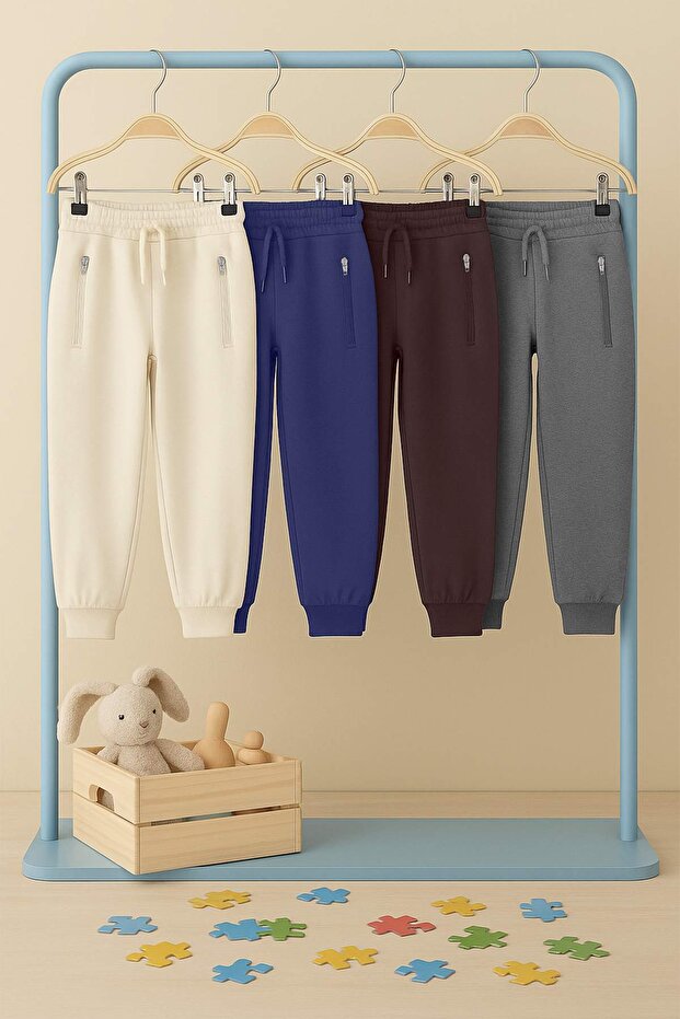 Indigo-Taş-Kahve-Antrasit 4'lü Beli Lastikli Jogger Örme Erkek Çocuk Okul Eşofman Alt TKDAW25EA00002 - 2