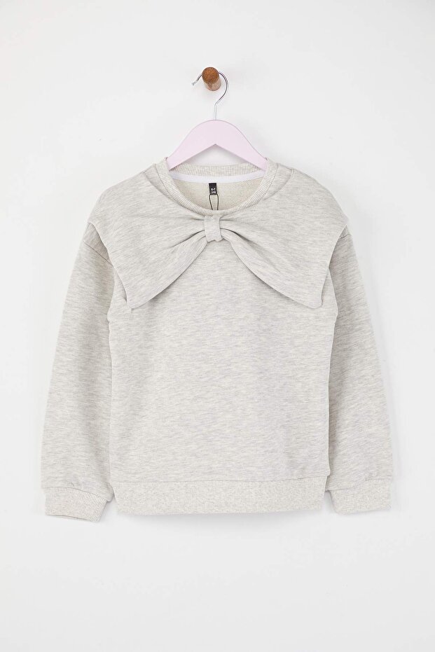 Kar Melanj Pamuklu Fiyonklu Bisiklet Yaka Oversize Örme Kız Çocuk Sweatshirt TKDAW26SW00022 - 2