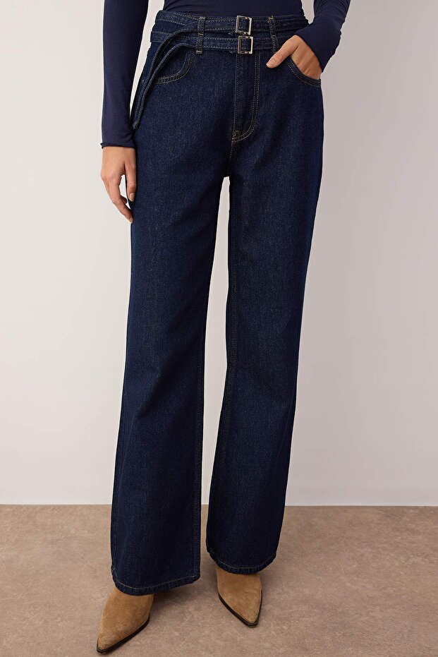 Koyu Mavi Yüksek Bel Kemer Detaylı Wide Leg Geniş Paça %100 Pamuk Non-Stretch Jeans TWOAW26JE00164 - 3