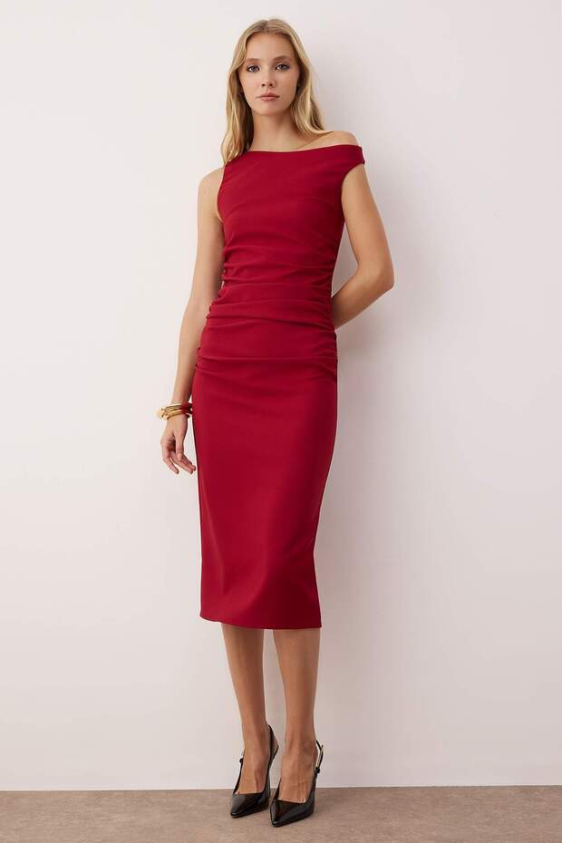 Bordo Düz Vücudu Saran Büzgü / Drape Midi Dokuma Elbise TWOSS25EL00264 - 1