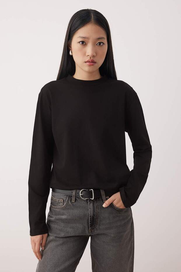 Siyah-Beyaz 2'li Paket %100 Pamuk Regular Kalıp Uzun Kollu Dik Yaka Örme T-Shirt TWOAW26TS00006 - 2