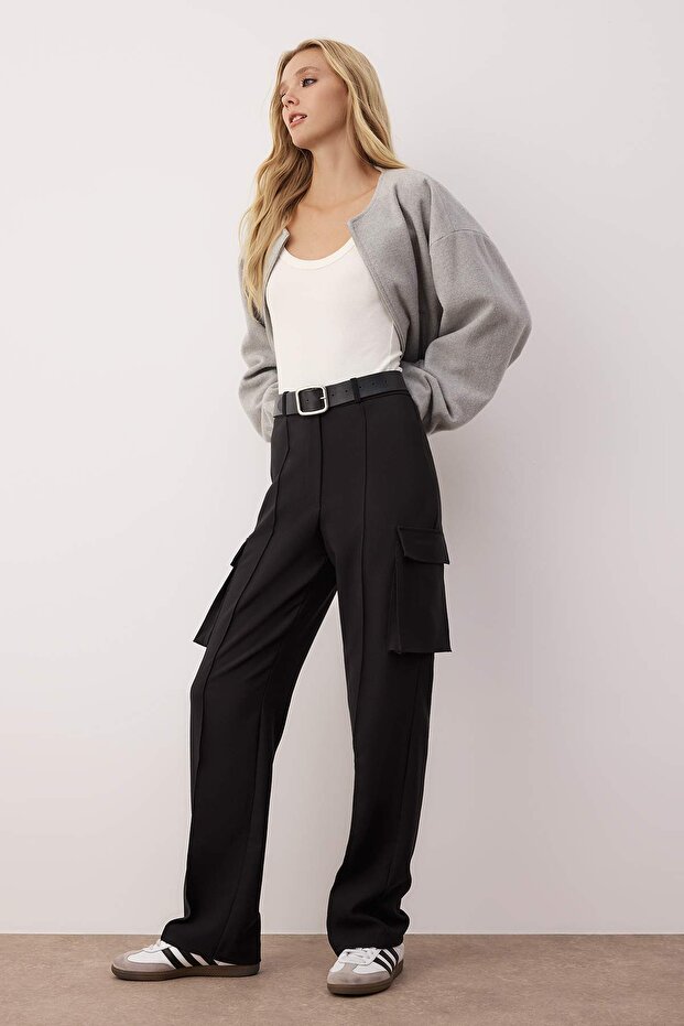 Siyah Kargo Straight/Düz Kesim Dokuma Çift Cepli Dokuma Pantolon TWOAW22PL0343 - 2