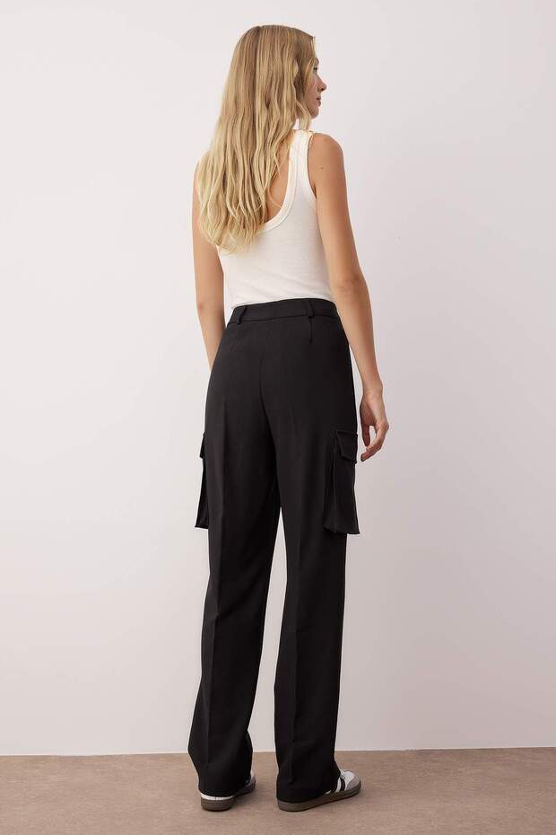 Siyah Kargo Straight/Düz Kesim Dokuma Çift Cepli Dokuma Pantolon TWOAW22PL0343 - 4